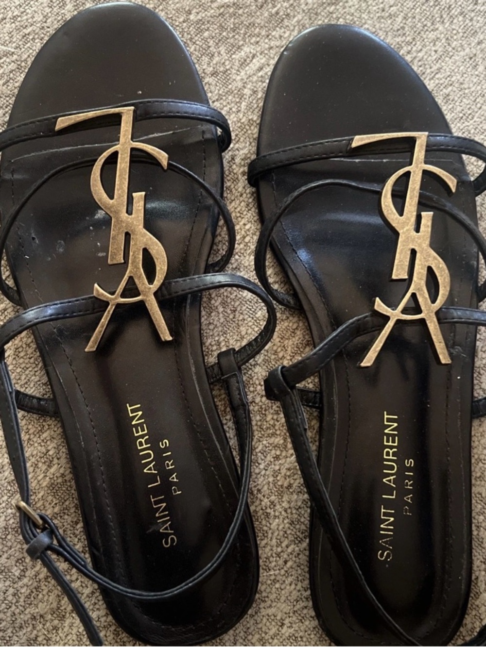 Saint Laurent Black Leather Sandals with Gold YSL Monogram - Picture 2 of 4